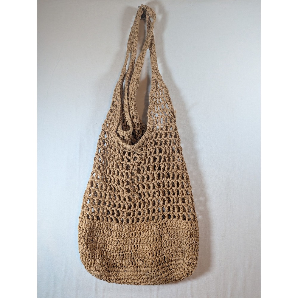 Tan Woven Straw Mesh Shoulder Bag Boho Raffia Market Tote Beach Bag Neutral